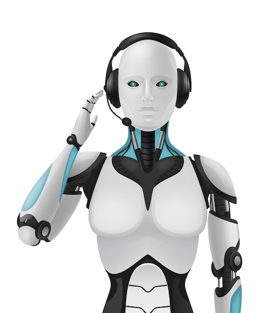 Vecteur gratuit robot android composition 3d réaliste avec agent de support artificiel machine anthropomorphe cybernétique avec apparence féminine