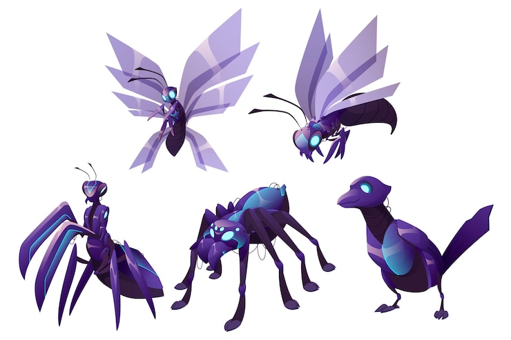 Vecteur gratuit robots animaux pie guêpe abeille mante et araignée robotique monstres mécaniques cyborgs oiseaux et insectes aux yeux brillants et corps mécanique dessin animé arme futuriste cyber machines ensemble vectoriel
