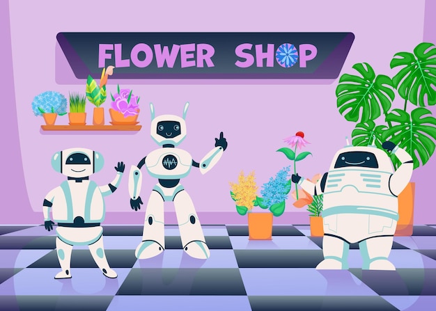 Robots Dans La Boutique De Plantes à Fleurs. Mascottes De Cyborgs Numériques Mignons