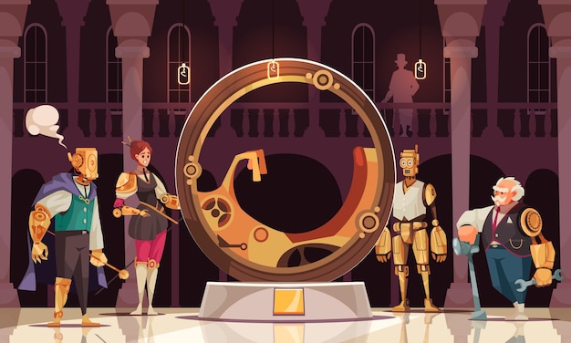 Robots Steampunk De Dessin Animé Et Personnages Humains Avec Des Parties Du Corps Robotiques Debout Autour D'une Illustration Vectorielle Monowheel Vintage