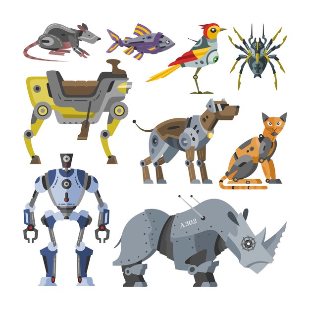 Robots De Vecteur De Dessin Anime Enfants Robot Jouet Monstre De Robotique De Personnage De Chat Chien Chien Vecteur Premium