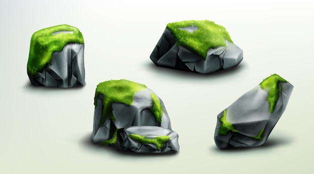 Rochers de montagne avec des pierres de mousse verte ou des éléments naturels de rochers pour la conception de matériaux géologiques avec une texture réaliste isolé des morceaux rocheux de différentes formes de jeu d'illustration