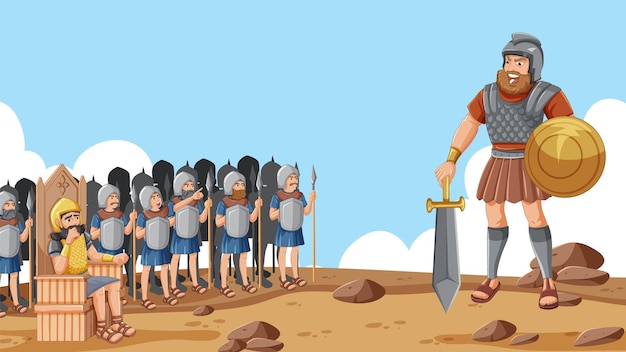 Vecteur gratuit le roi avec l'armée david et goliath