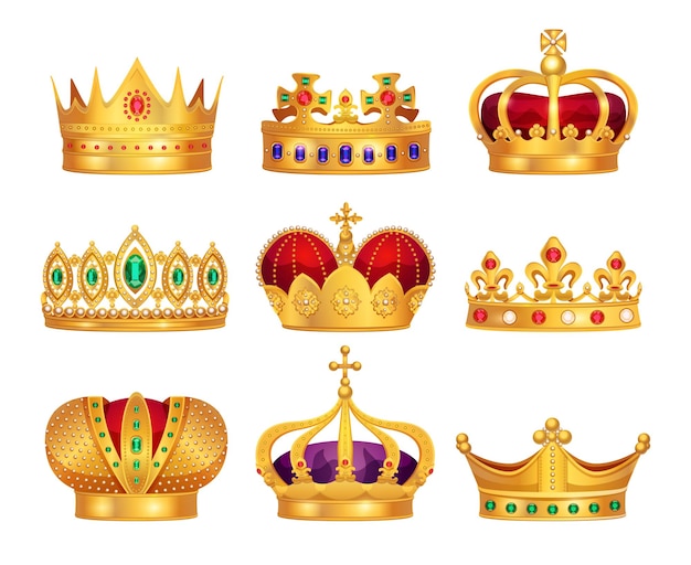 Roi empereur reine impératrice souverain souverain symboles de puissance royale attributs 9 couronnes d'or ensemble réaliste illustration vectorielle