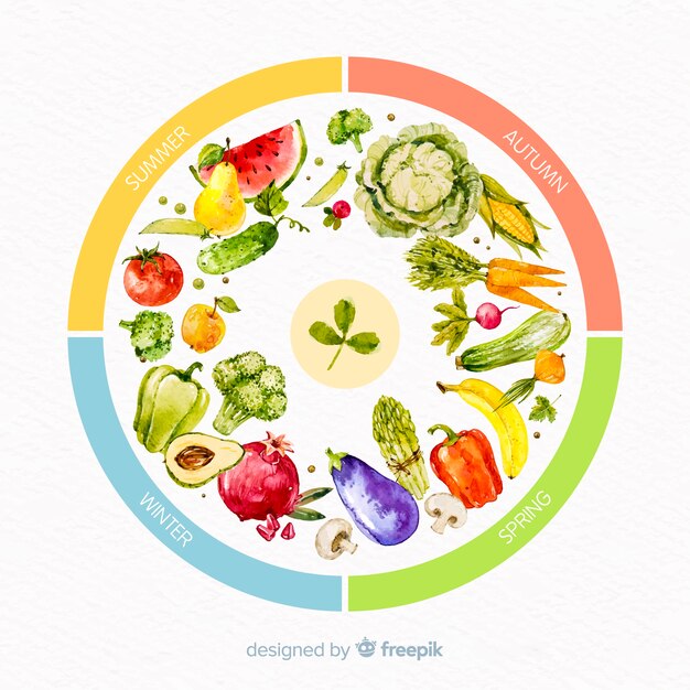 Roue aquarelle colorée de fruits et légumes de saison