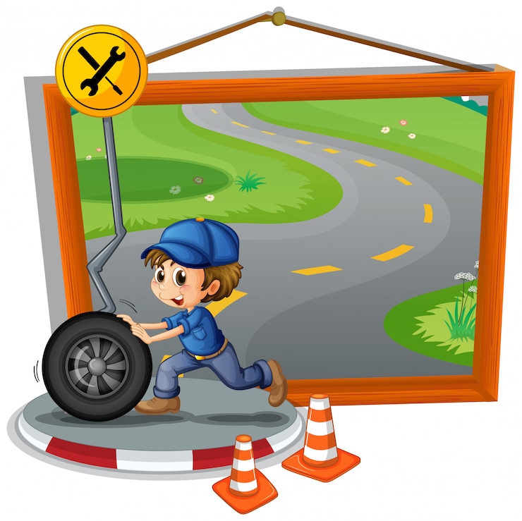 Vecteur gratuit roue de mécanicien sur la route