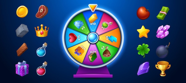 Vecteur gratuit roue de rotation de jeu de fortune et ensemble d'icônes de prix isolées sur bleu