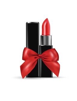Rouge à lèvres rouge avec un arc cadeau rouge fond de beauté et de cosmétiques template vector