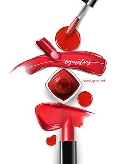 Rouge à lèvres rouge et un frottis de rouge à lèvres et de vernis à ongles rouge fond de beauté et de cosmétiques
