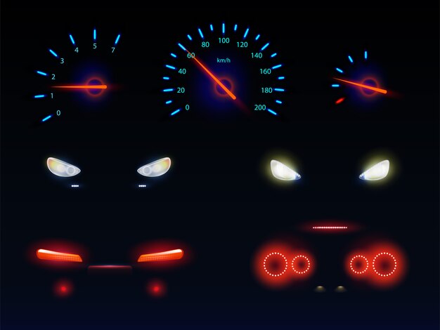 Rougeoyante dans les ténèbres lumière bleue, rouge et blanche, avant de la voiture, phares arrière, échelles de compteur de vitesse et tachymètre, indicateurs de niveau de batterie, de carburant ou d&#39;huile 3d vecteur réaliste