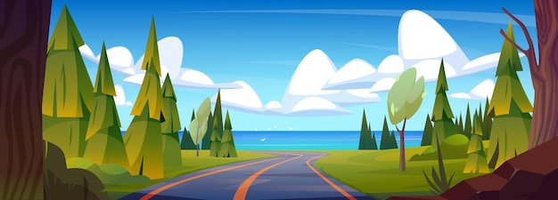 Vecteur gratuit une route d'asphalte avec des arbres et des sapins sur les côtés mène à la mer paysage vectoriel de dessins animés avec océan ou lac à l'horizon et autoroute vers l'eau nature verte et ciel bleu avec des nuages pour un concept de vacances d'été