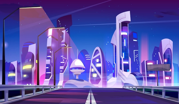 Vecteur gratuit la route mène à une ville nocturne futuriste