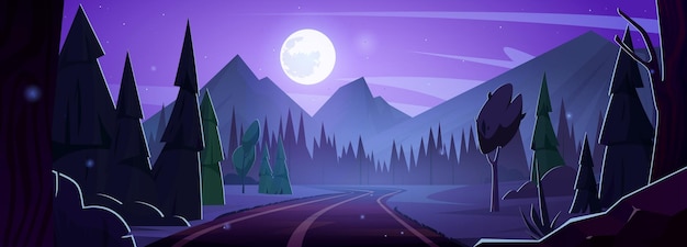 Vecteur gratuit route de nuit dans le paysage vectoriel de forêt pleine lune