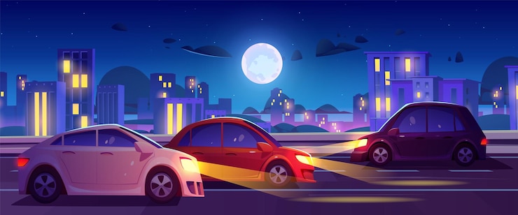 Vecteur gratuit route de rue de ville de nuit avec scène vectorielle de bâtiment vue panoramique urbaine moderne 2d sur le trafic routier avec faisceau de phare et architecture de gratte-ciel extérieur lumière de pleine lune dans le ciel de la ville