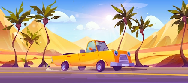 Vecteur gratuit route de voiture décapotable dans le désert de sable de montagne