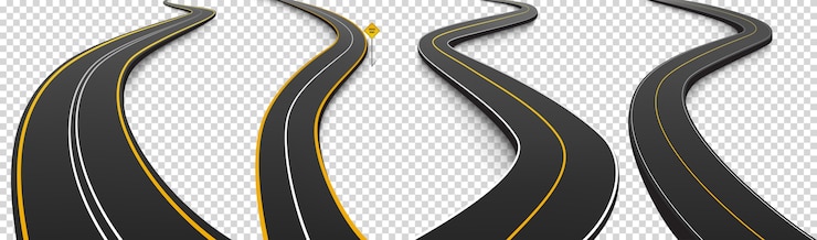 Vecteur gratuit routes sinueuses, autoroutes en asphalte noir avec marquage blanc et jaune