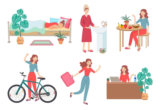 Vecteur gratuit routine matinale d'illustrations vectorielles de personnages féminins. vie quotidienne d'une femme, d'une fille qui se réveille, prend son petit-déjeuner, se rend au travail à vélo, travaille isolée sur fond blanc. concept de mode de vie