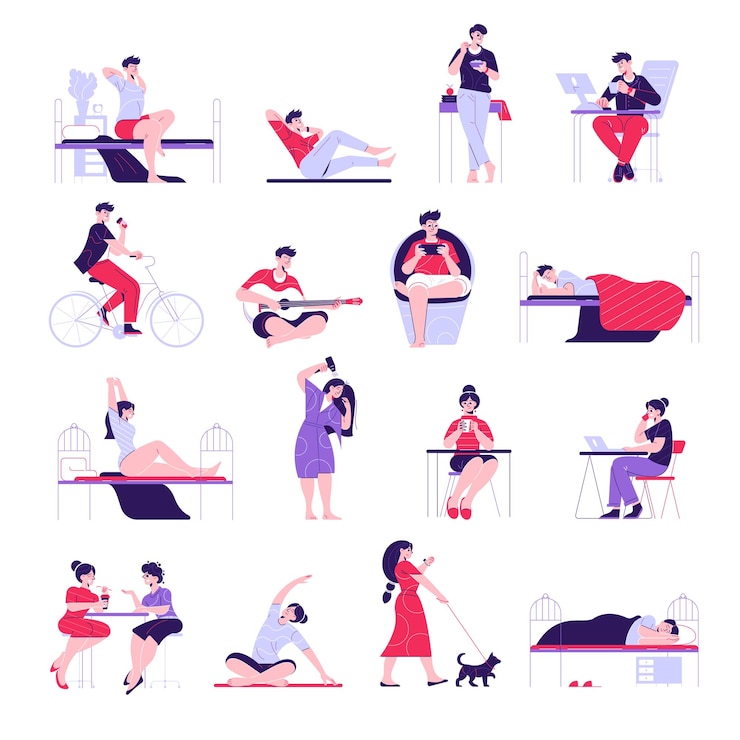 Vecteur gratuit routine quotidienne homme femme sertie de personnages masculins et féminins pendant les activités quotidiennes sur illustration vectorielle fond blanc