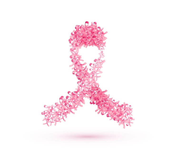 Vecteur gratuit ruban de cancer du sein. grand arc rose composé de petites bandes isolées