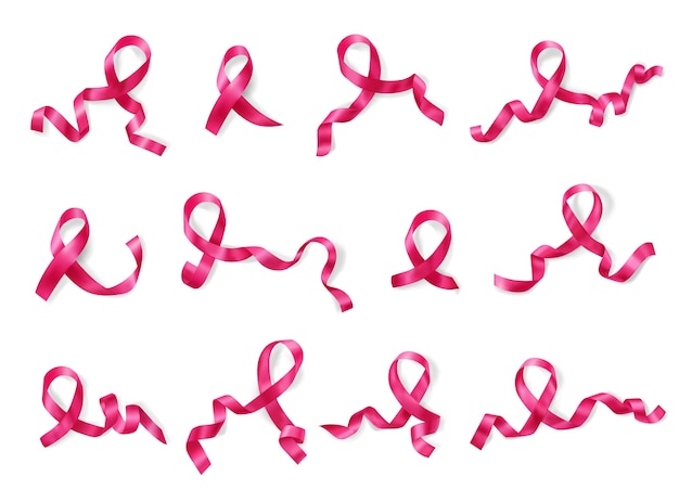 Ruban rose sensibilisation au cancer du sein mois symbole variétés 12 images réalistes ensemble illustration vectorielle fond blanc