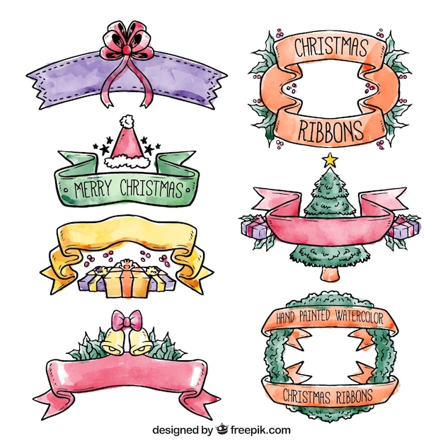 Vecteur gratuit rubans aquarelle christmas set