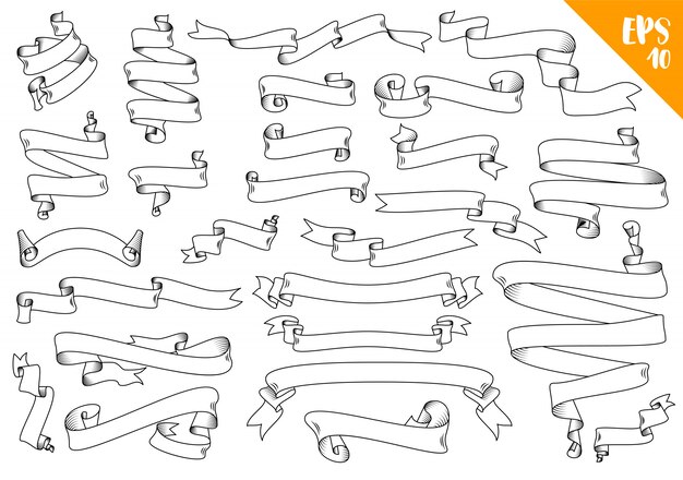 Rubans de défilement détaillés dessinés à la main dans les grandes lignes, dessin de contour.