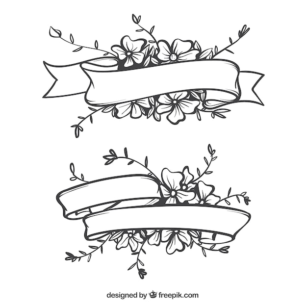 Vecteur gratuit rubans avec des fleurs dessinées à la main