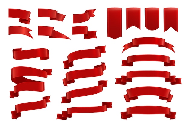 Vecteur gratuit rubans rouges réalistes sertie d'images isolées colorées de cadres de formes de bobine festive sur illustration vectorielle fond blanc
