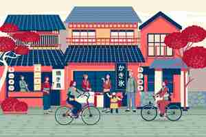 Vecteur gratuit rue japonaise traditionnelle dessinée à la main avec des gens à vélo