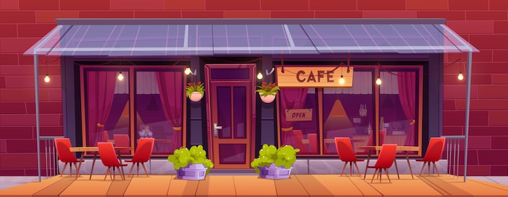 Vecteur gratuit rue de la ville avec café extérieur avec terrasse