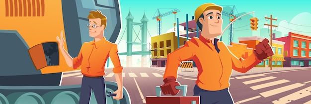 Rue de la ville avec constructeurs, machines et chantier de construction avec grues à tour. Illustration de dessin animé de vecteur de travailleurs en uniforme orange, excavatrice sur route et travaux de construction en ville