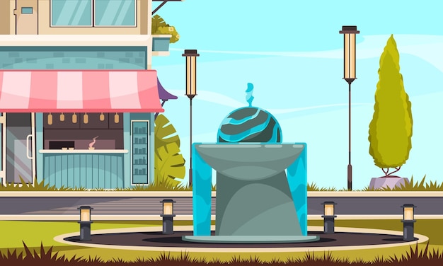 Rue De La Ville De Dessin Animé Avec Fontaine Entourée De Lumières Et Bâtiment De Café En Illustration Vectorielle De Fond