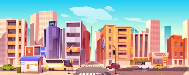 Rue de la ville avec maisons, route et voitures