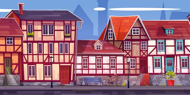 Vecteur gratuit rue de la ville médiévale de l'allemagne avec paysage vectoriel de construction vieille ville européenne allemande illustration de dessin animé extérieur paysage urbain de bavière avec des escaliers de chalet historiques poubelle et vélo près de la route