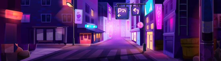 Vecteur gratuit rue de la ville de nuit avec un bâtiment au néon en arrière-plan