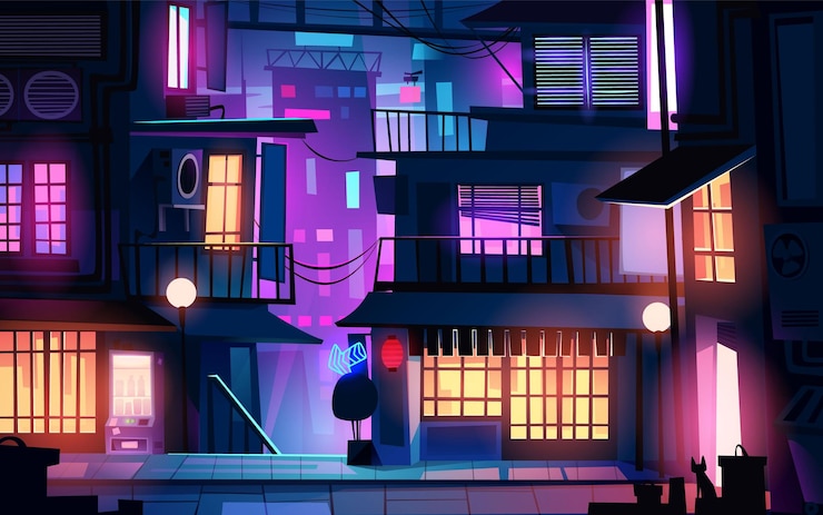 Vecteur gratuit rue de la ville de nuit avec route et scène de bâtiment