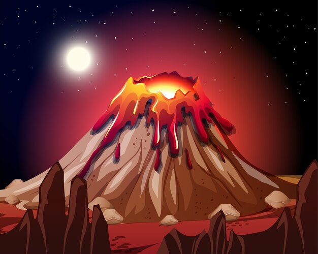 Éruption du volcan dans la scène de la nature la nuit