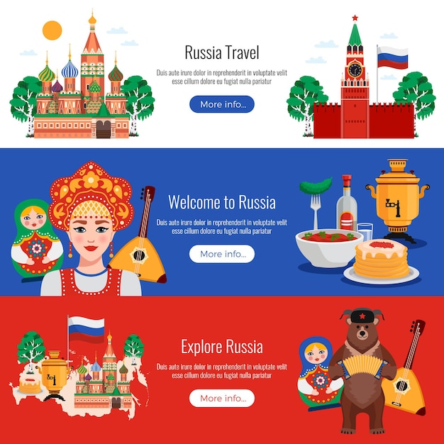 Vecteur gratuit russie symboles de voyage traditions monuments 3 bannières web plat horizontal sertie de vodka kremlin de cuisine
