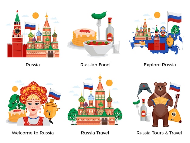 Vecteur gratuit russie voyages voyages attractions culture monuments 6 compositions plates sertie de symboles de nourriture traditionnels