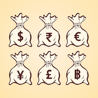 Sac d'argent avec différents symboles monétaires illustration vectorielle plane