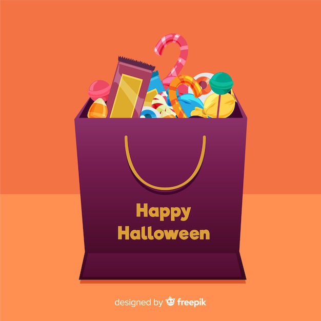 Vecteur gratuit sac de bonbons colorés de halloween avec un design plat