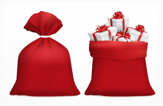 Sac De Noël Rouge Avec Des Cadeaux Sur Blanc Isolé