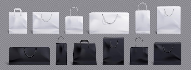 Sac En Papier Blanc Et Noir Et Poignée Maquette Vectorielle Paquet D'achat Maquette Pour Transporter Des Aliments Vue De Face Icône Merchandising Design Collection 3d Vente Au Détail Réutilisable Marque Illustration De Marchandises