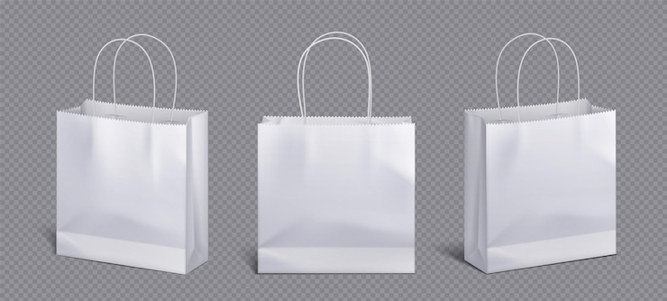 Vecteur gratuit sac en papier blanc et poignée de cordon maquette vectorielle paquet d'achat maquette pour transporter l'achat angle de vue avant icône merchandising design collection 3d vente au détail réutilisable marque illustration de marchandise