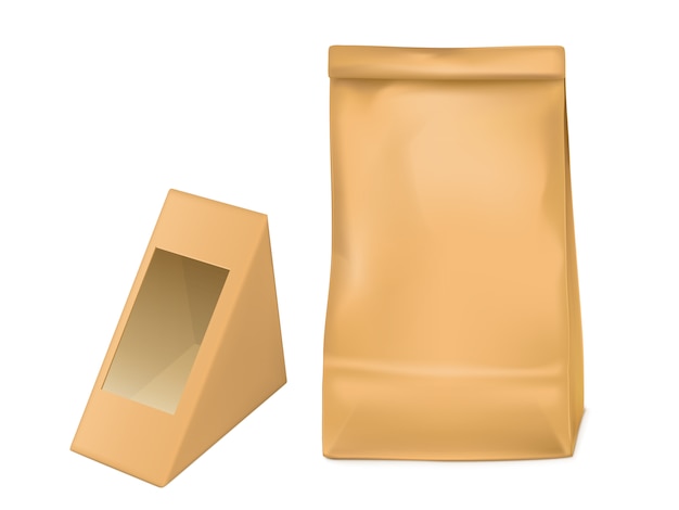 Vecteur gratuit sac en papier et boîte d'emballage triangle pour sandwich