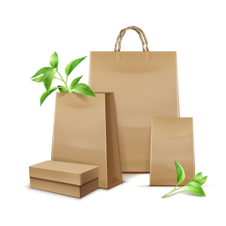 Vecteur gratuit sacs en papier kraft vierge de vecteur avec des feuilles pour la marque sur fond blanc