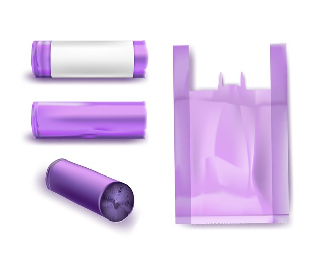 Sacs en plastique violets pour ensemble d'ordures Emballage pour ordures et déchets avec conteneur à poignée et rouleau sur fond blanc