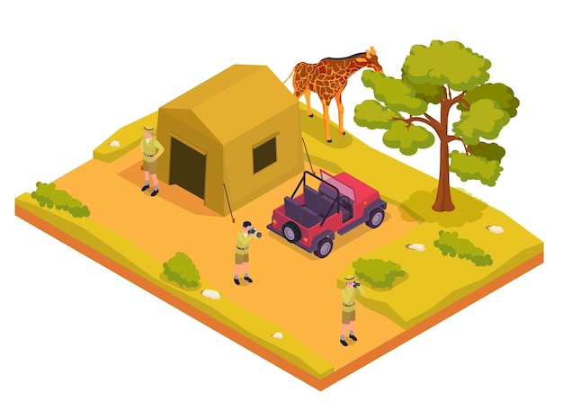 Safari Concept De Couleur Isométrique Trois Campeurs Se Tiennent à Côté De La Tente Dans Le Désert Et La Girafe Se Promène Sur Le Terrain Illustration Vectorielle