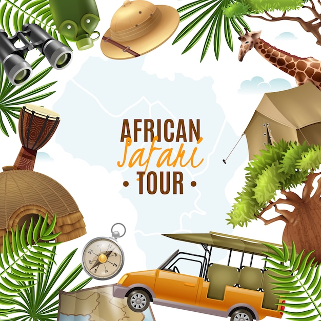 Safari Illustration Réaliste Avec Cadre D'accessoires