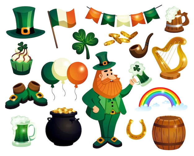 Vecteur gratuit saint patricks day ensemble d'icônes de décorations isolées de boissons symboles nationaux irlandais et illustration vectorielle de costume drôle